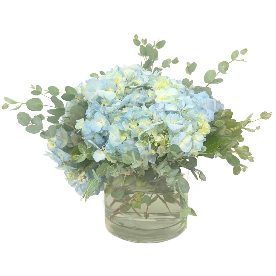 Side view of the Carolina Blue Floral Arrangement, showcasing vibrant hydrangeas and greenery in a spherical vase, perfect for brightening a UNC student's space.