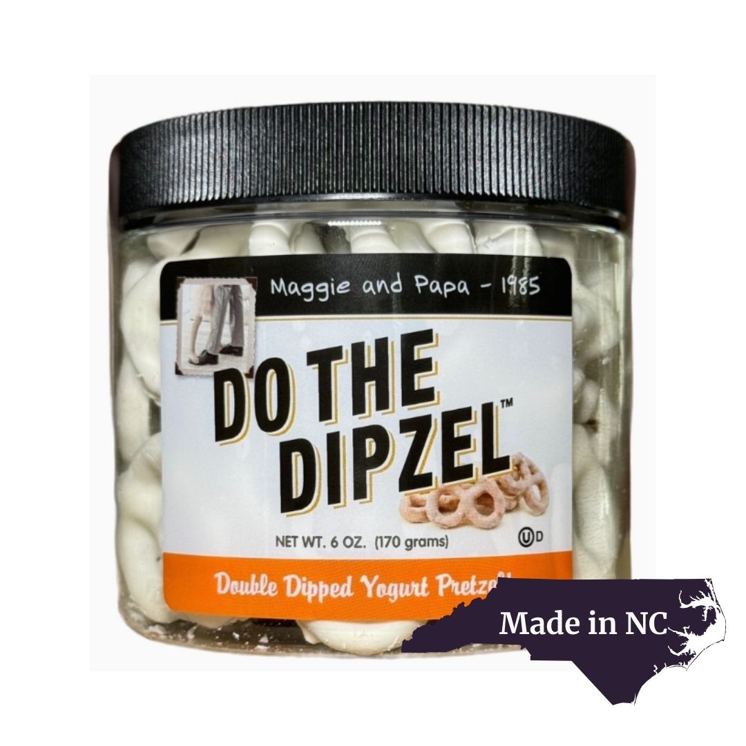 Do the Dipzel yogurt-covered pretzels with a 'Made in NC' North Carolina outline, highlighting locally crafted gourmet snacks from Bruce Julian’s in Charlotte, NC.