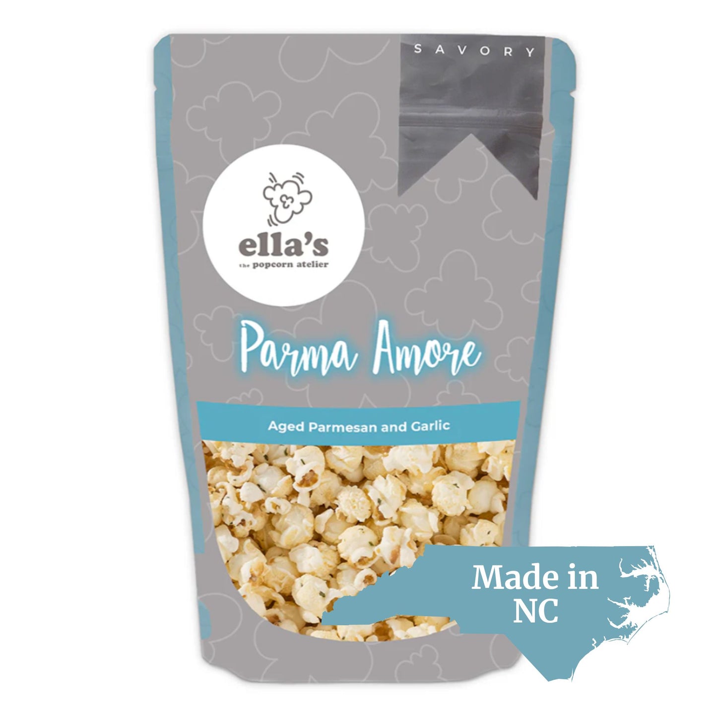 made in north Carolina food product, Ella's parmesan popcorn with Carolina blue packaging