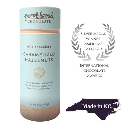 French Broad Chocolate Caramelized Hazelnuts – Award-Winning NC Made Treats, Silver Medal at International Chocolate Awards.