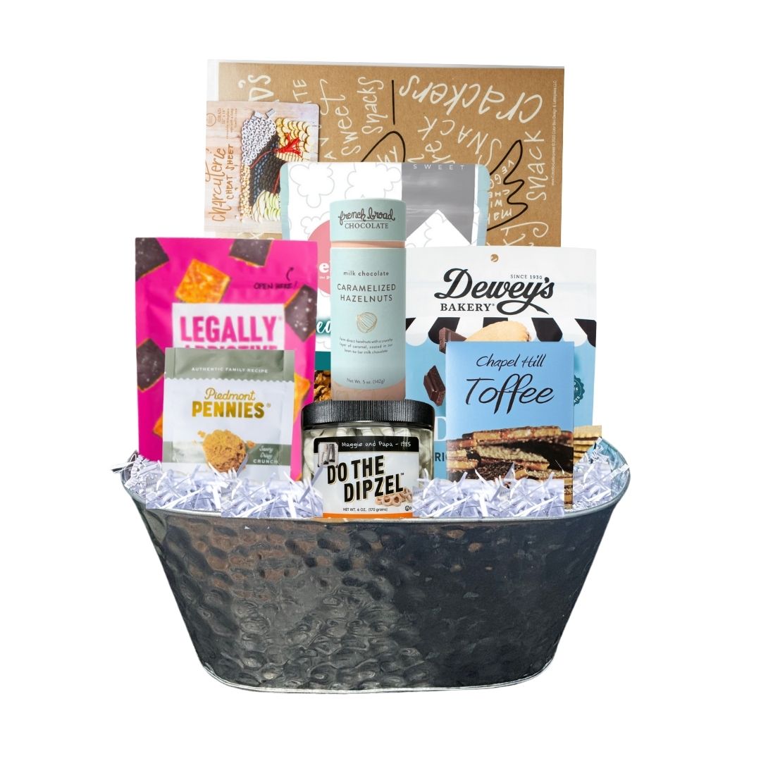 Alternate view of the Graduation Charcuterie Gift Basket, featuring NC-made gourmet snacks, a reusable charcuterie guide, and a hammered tin planter for a stylish presentation.