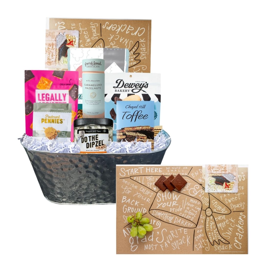 Graduation Charcuterie Gift Basket featuring NC-made gourmet snacks, a reusable charcuterie guide, and a hammered tin planter, perfect for celebrating Tar Heel grads.