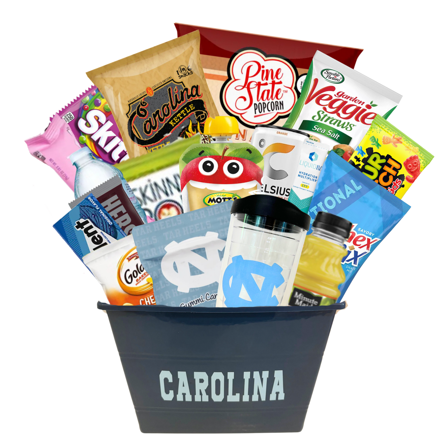 Nut-Free Tar Heel Snack Pack featuring UNC snacks, including Skittles, BBQ chips, sour gummies, Chex Mix, and an insulated tumbler – perfect for students with food allergies