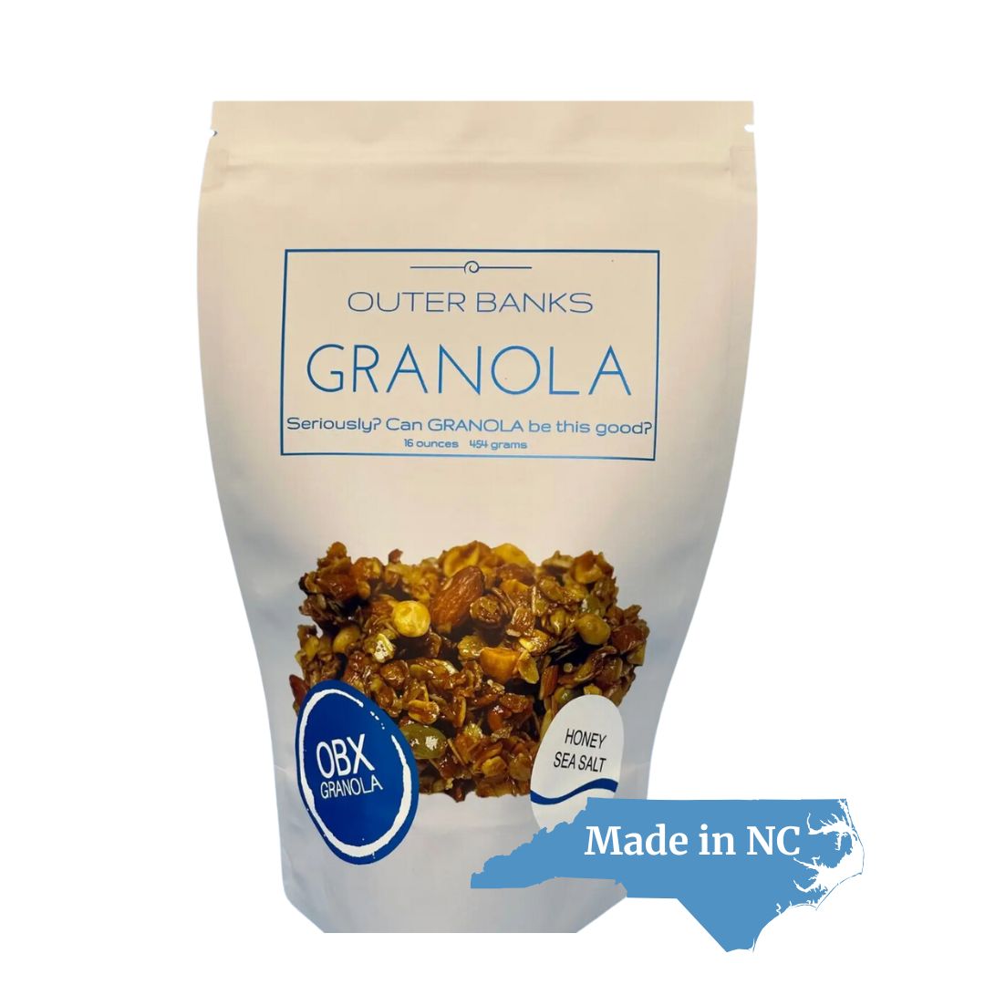 Outer Banks Granola from North Carolina, featuring a silhouette of the state with 'Made in NC' text overlay, offering a delicious, locally made breakfast treat.