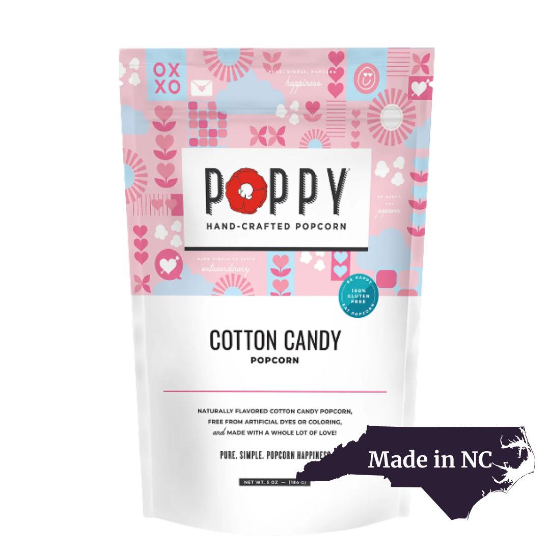 Poppy Cotton Candy Popcorn – Sweet and Pink NC-Made Popcorn, Perfect for Valentine’s Day Celebrations.