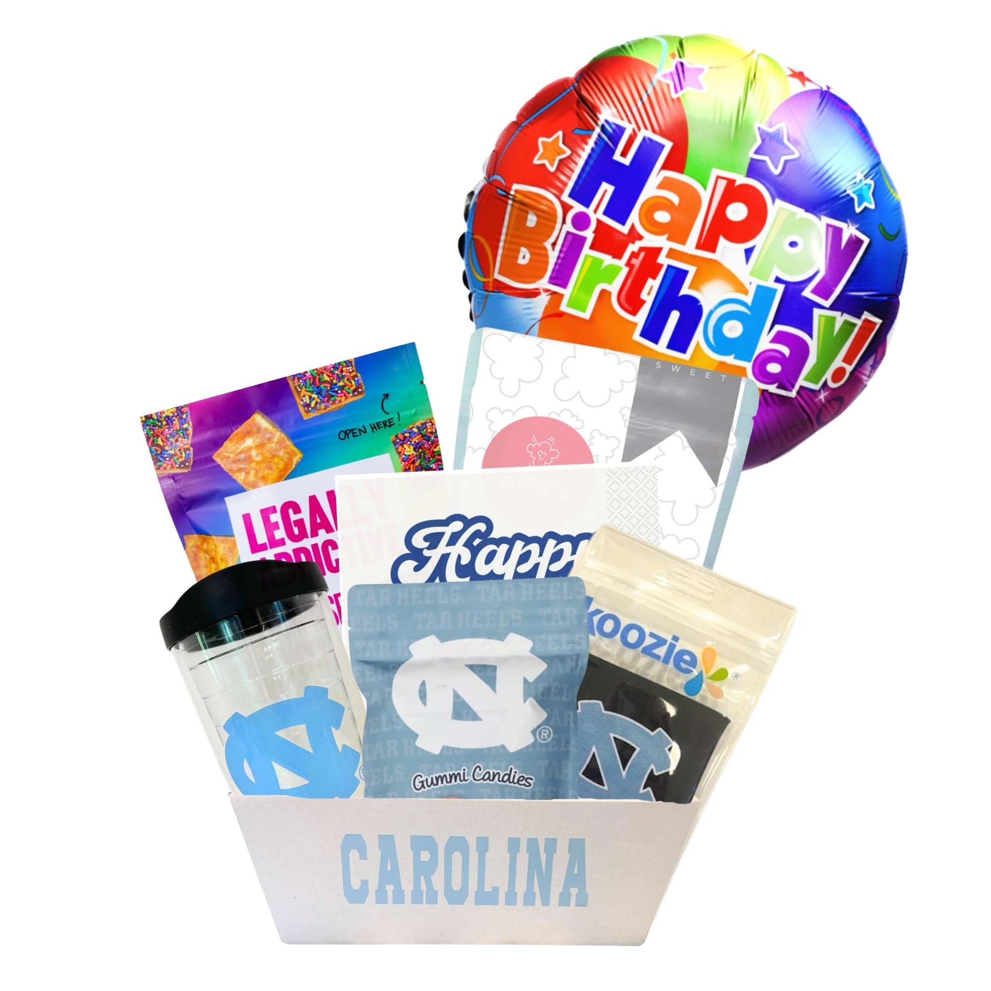 gift basket containing cookie cake, NC made Legally Addictive cookies, UNC stickers, UNC gummy candies, Carolina BBQ chips, and a UNC insulated cup to be delivered to UNC students at Chapel Hill.