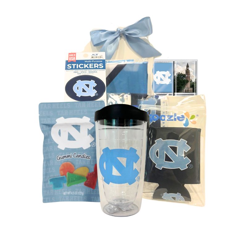 Welcome to UNC Gift Box featuring UNC-branded items including a flag, tumbler, chocolate, stickers, and more, perfect for celebrating new students at UNC Chapel Hill.