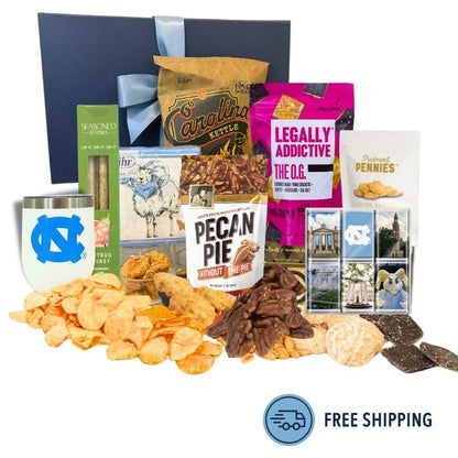 Gourmet UNC Chapel Hill gift containing UNC tumbler, ramses beverage napkins, Chapel Hill chocolate, and other gourmet food made in North Carolina